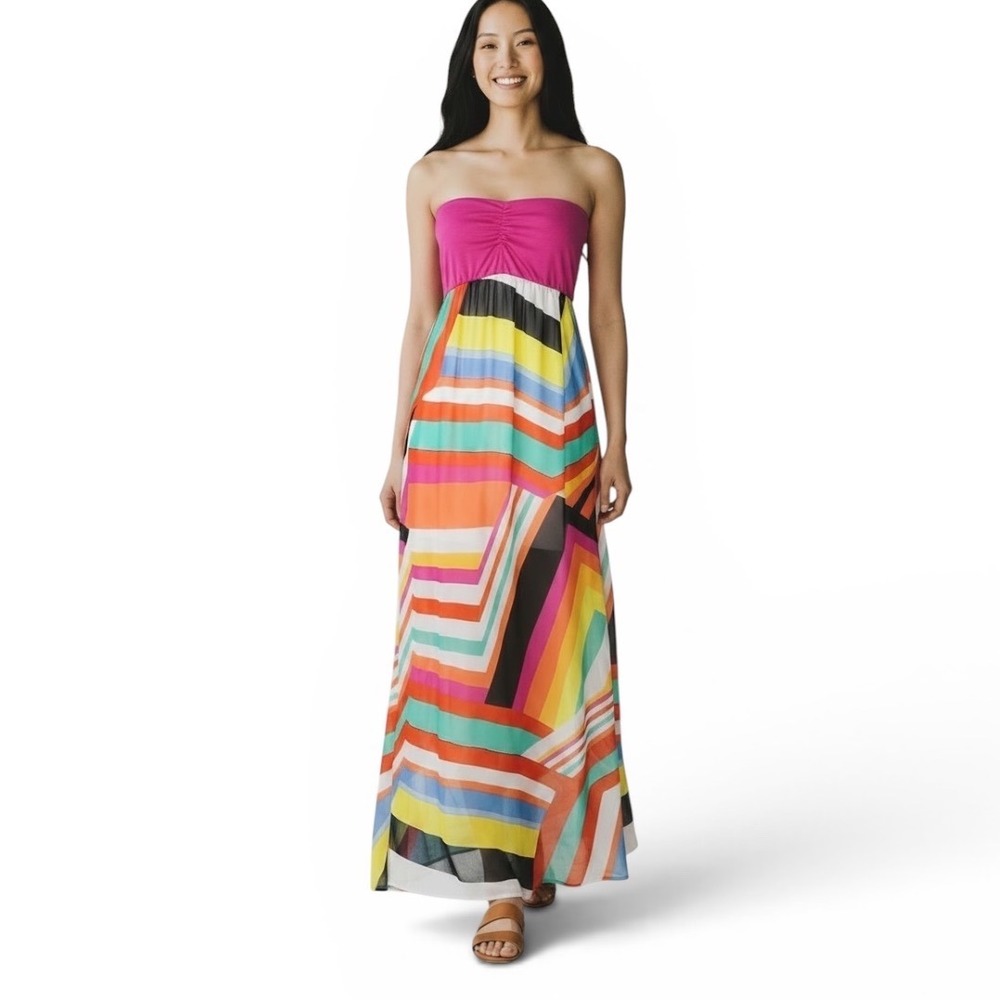 Judith March Womens Strapless Maxi Dress Pink Geometric Stripe Chiffon Large